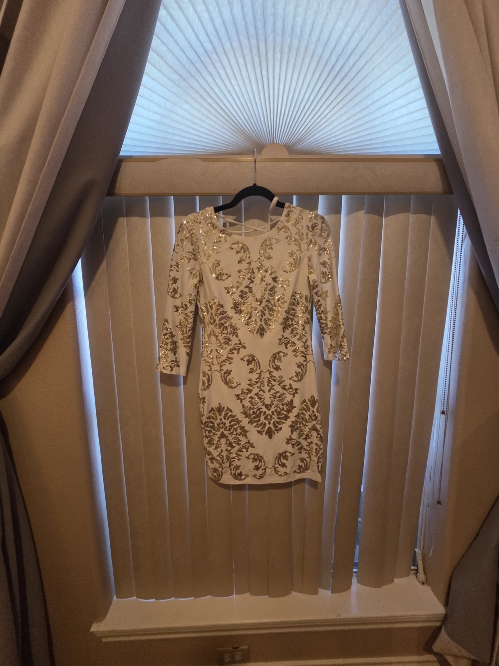 White Dress with Gold Sequin Filigree - Elegant Women's Party Dress